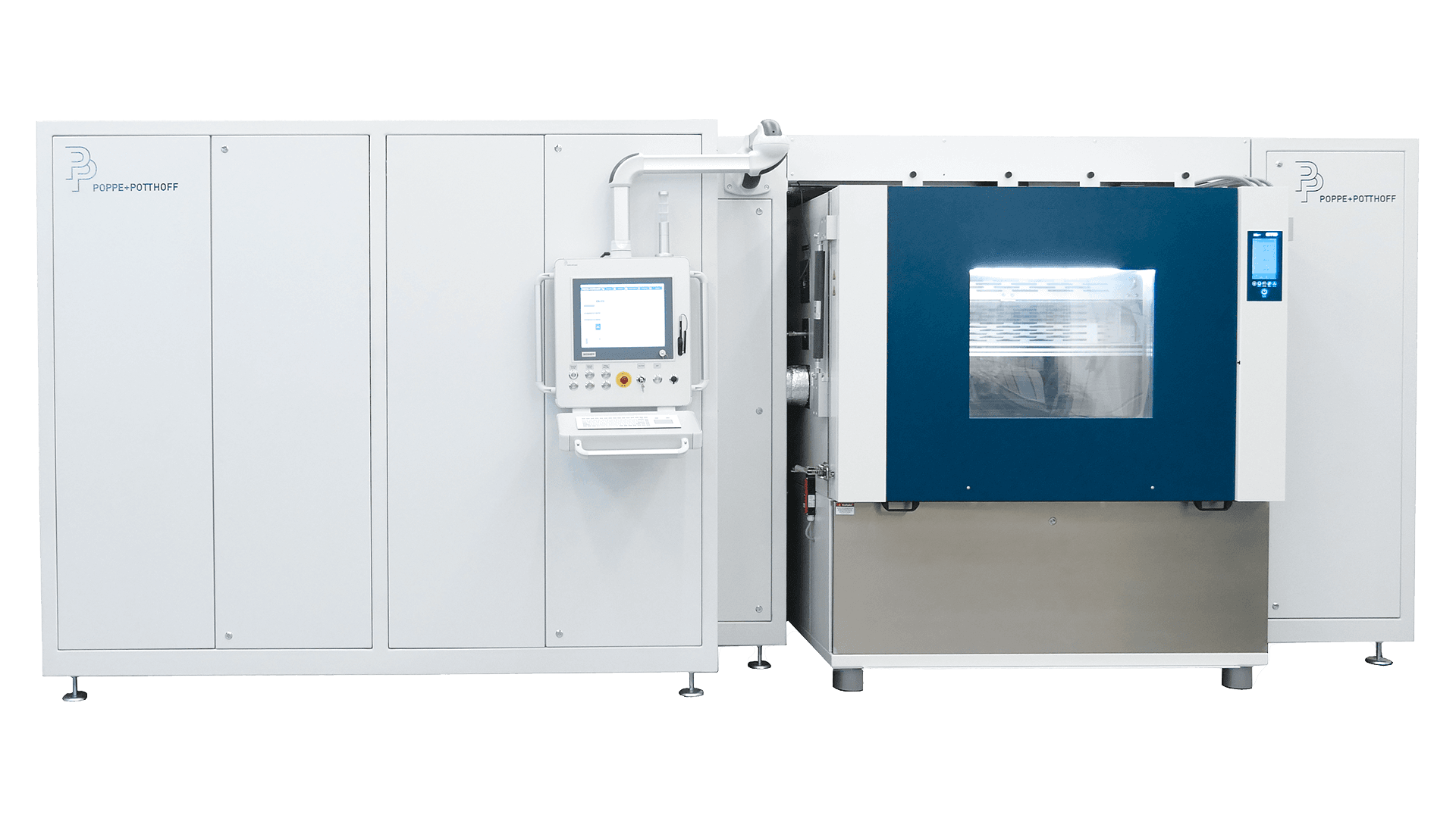 Large pressure test rig with climate chamber and movable PC arm.